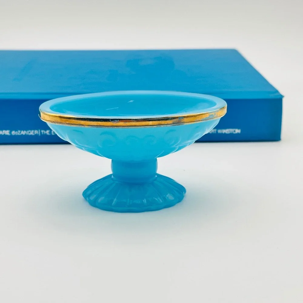Vintage Avon Blue Milk Glass Pedestal Trinket Dish Soap Gold Rim Scroll Pattern